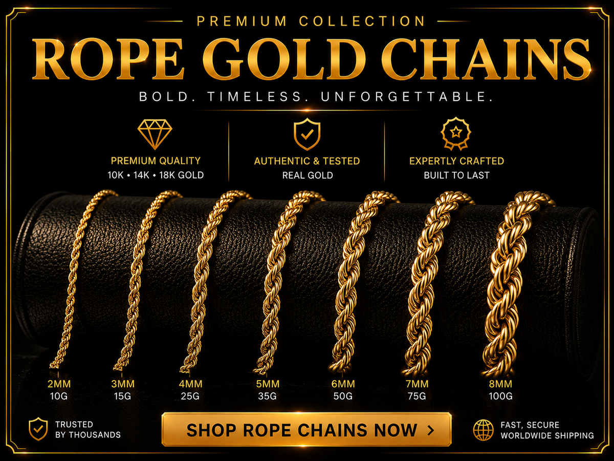 Solid 10K and 14K gold rope chains at DD Pawn Loans, Pompano Beach FL