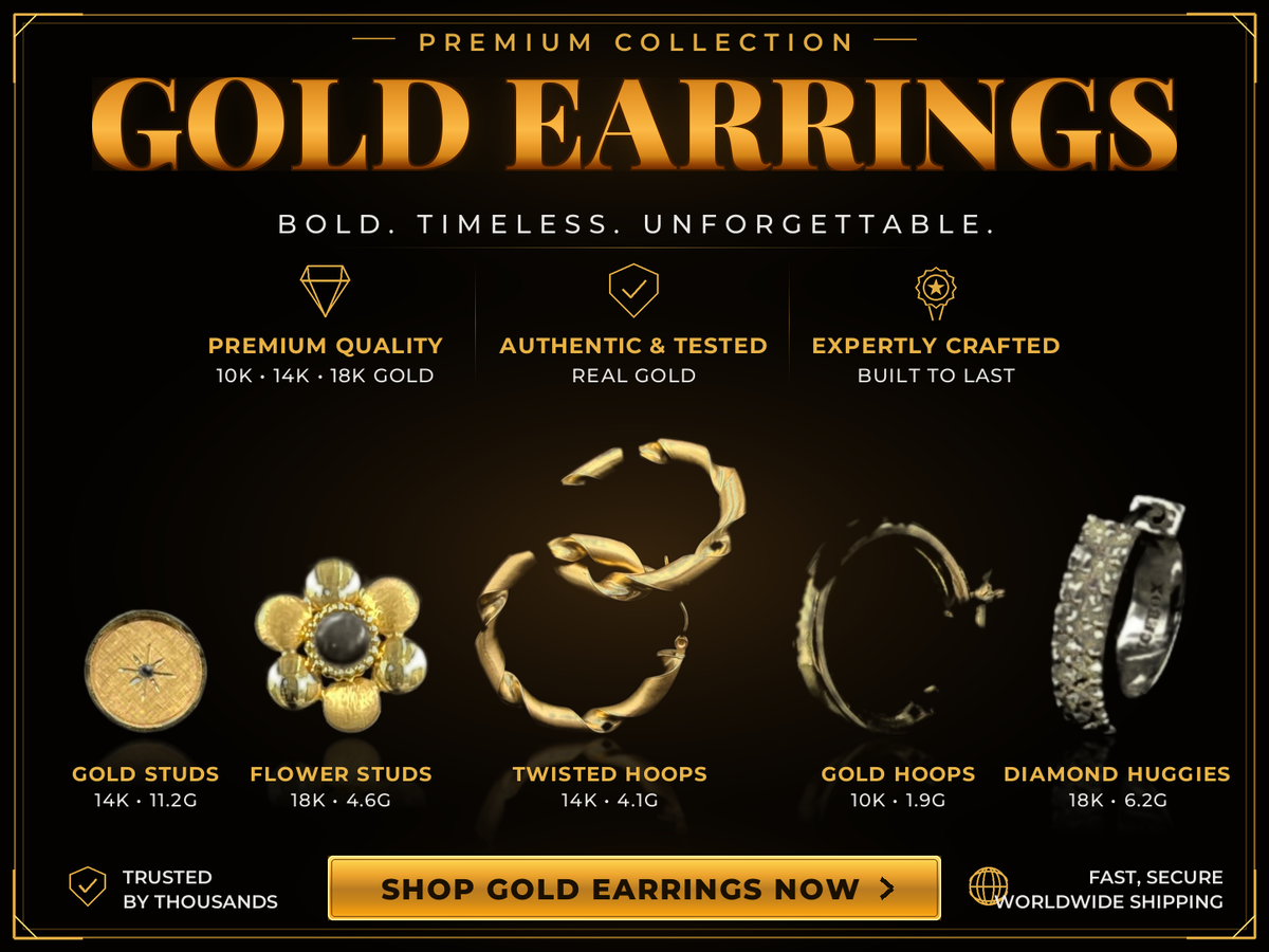 Gold earrings for sale at DD Pawn Loans - 10K, 14K and 18K gold studs, hoops and diamond huggie earrings