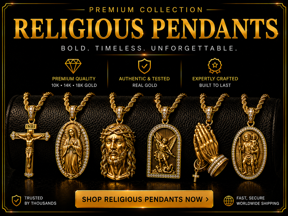 Gold Saint Lazarus and religious pendants at DD Pawn Loans, Pompano Beach FL