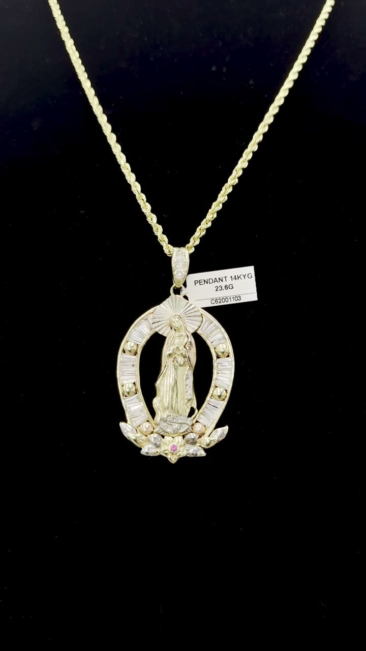 14K Gold Virgin Mary Pendant with Baguette Stones