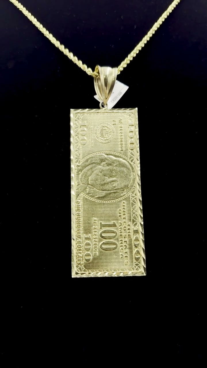 10K Gold $100 Bill Pendant Two Sided
