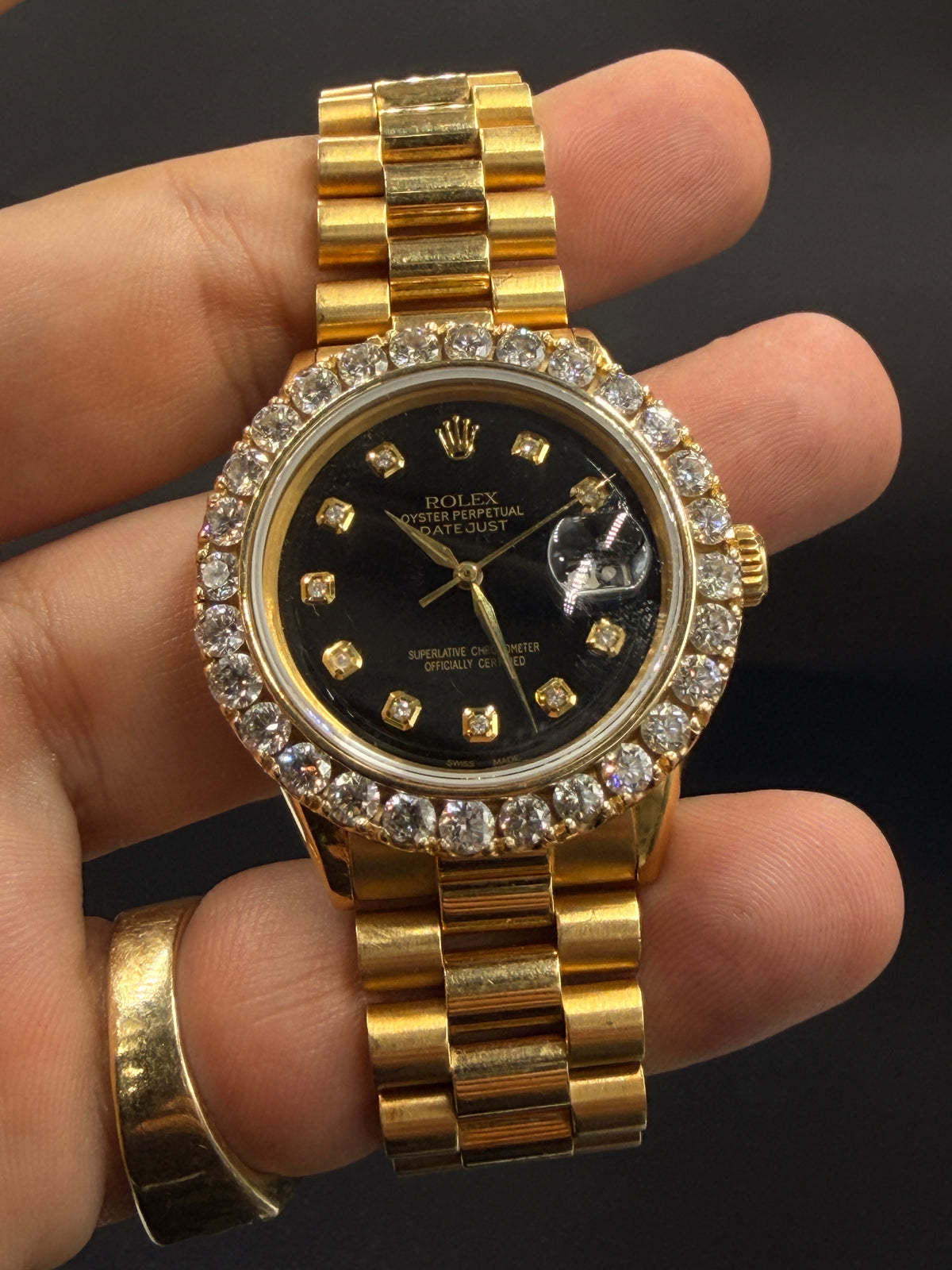 Rolex Datejust 1601 36mm 18K Yellow Gold Watch, Black Diamond Dial, Aftermarket Diamond Bezel — photo 5