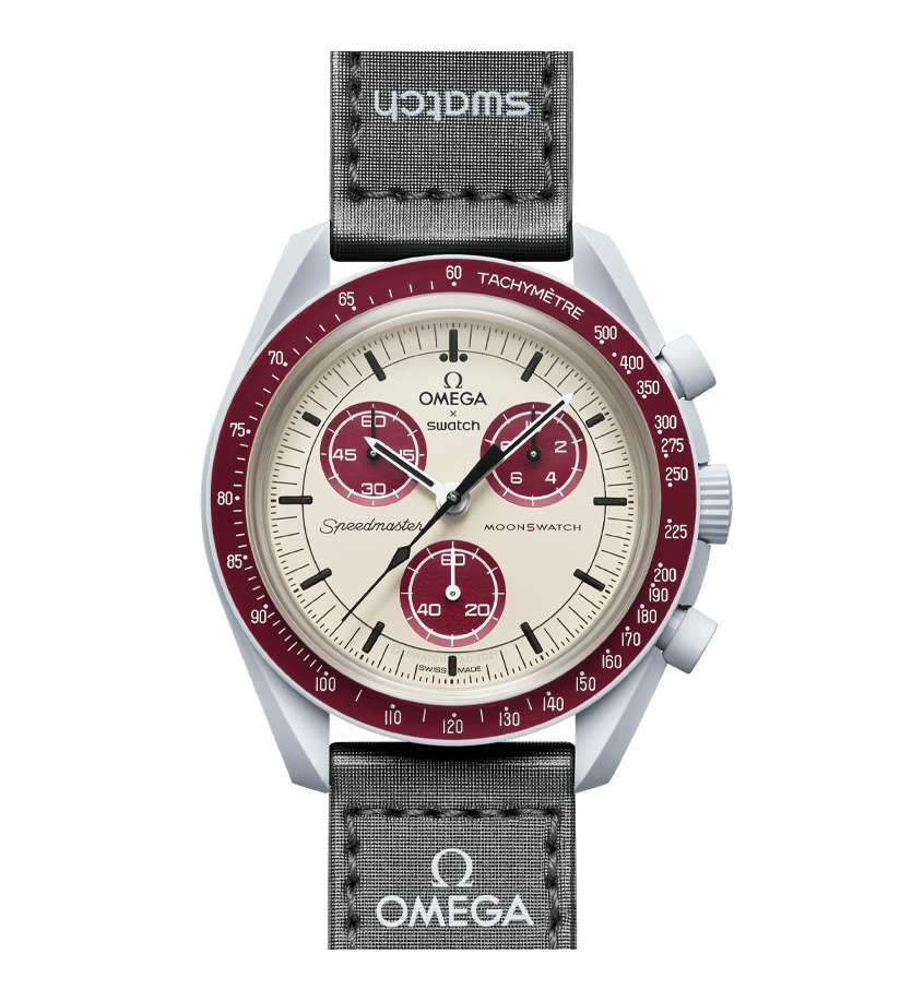 Omega x Swatch MoonSwatch Mission to Pluto SO33M101 gray and burgundy Bioceramic chronograph