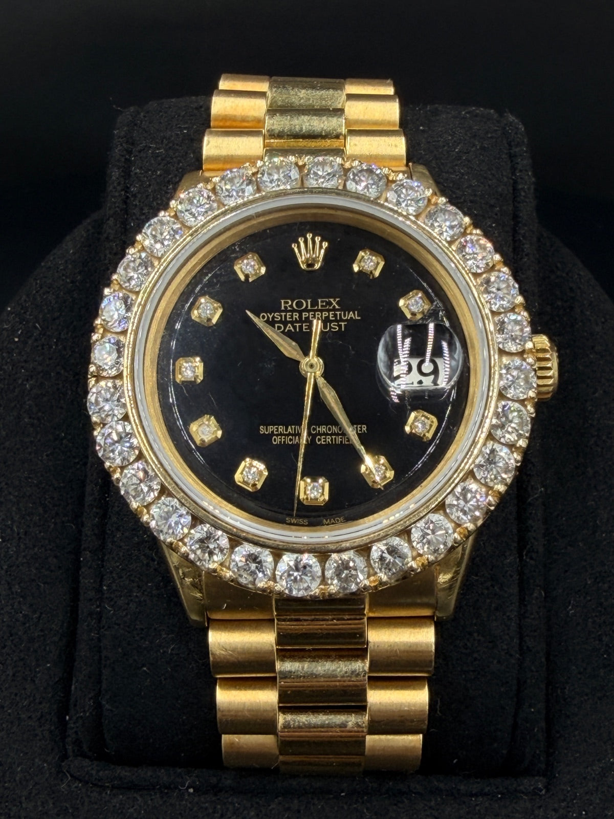Rolex Datejust 1601 36mm 18K Yellow Gold Watch, Black Diamond Dial, Aftermarket Diamond Bezel — photo 1