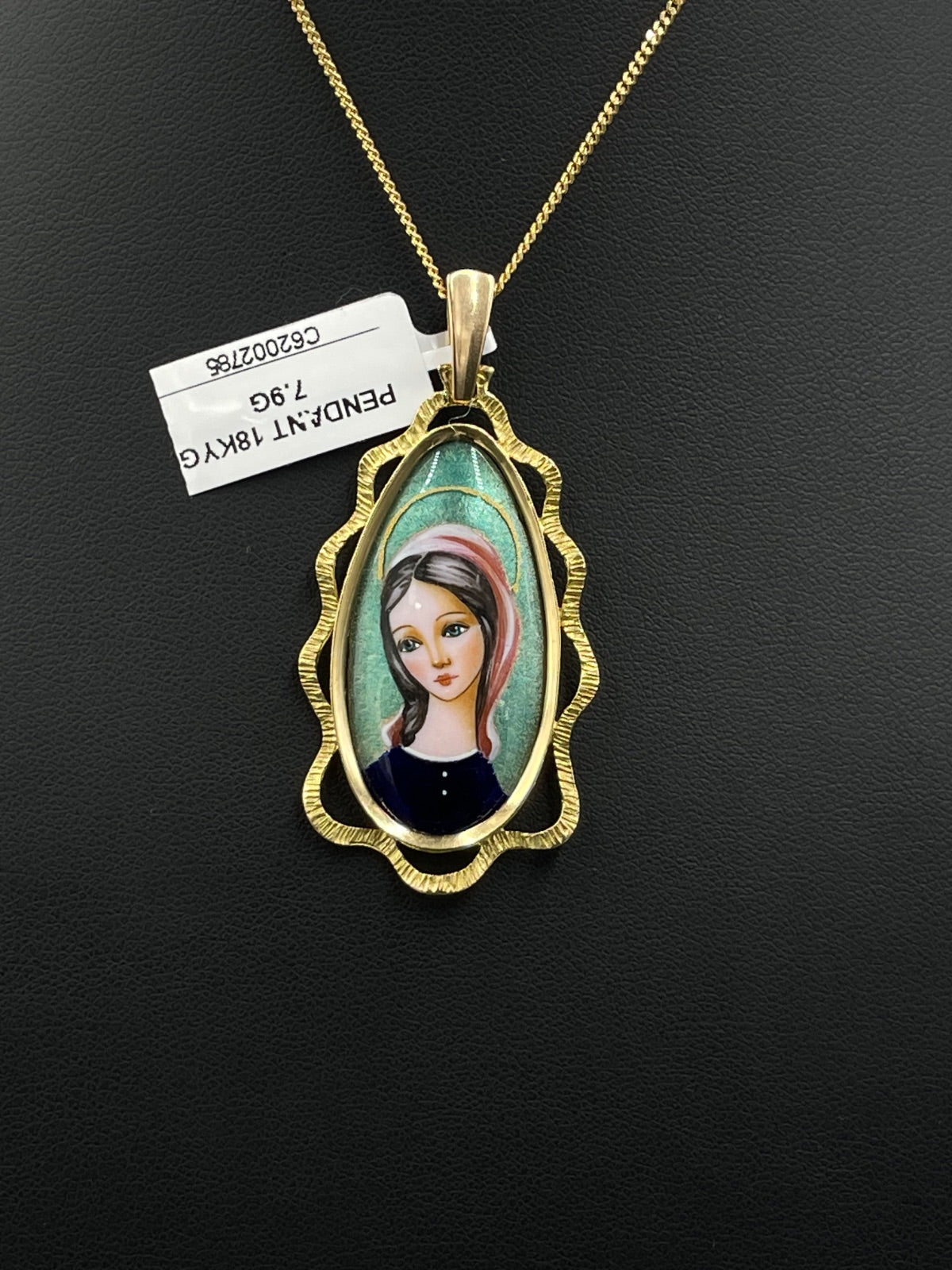 18K Gold Madonna Enamel Portrait Pendant 7.9g