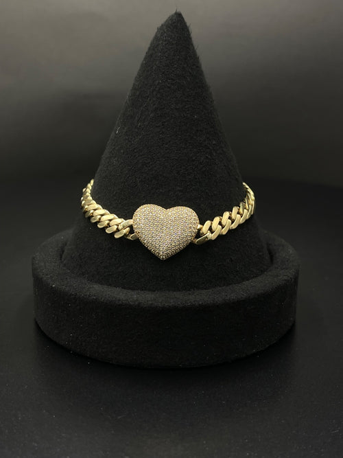 10K Gold Curb Chain Bracelet with Heart Charm 7in 6mm 10.1g