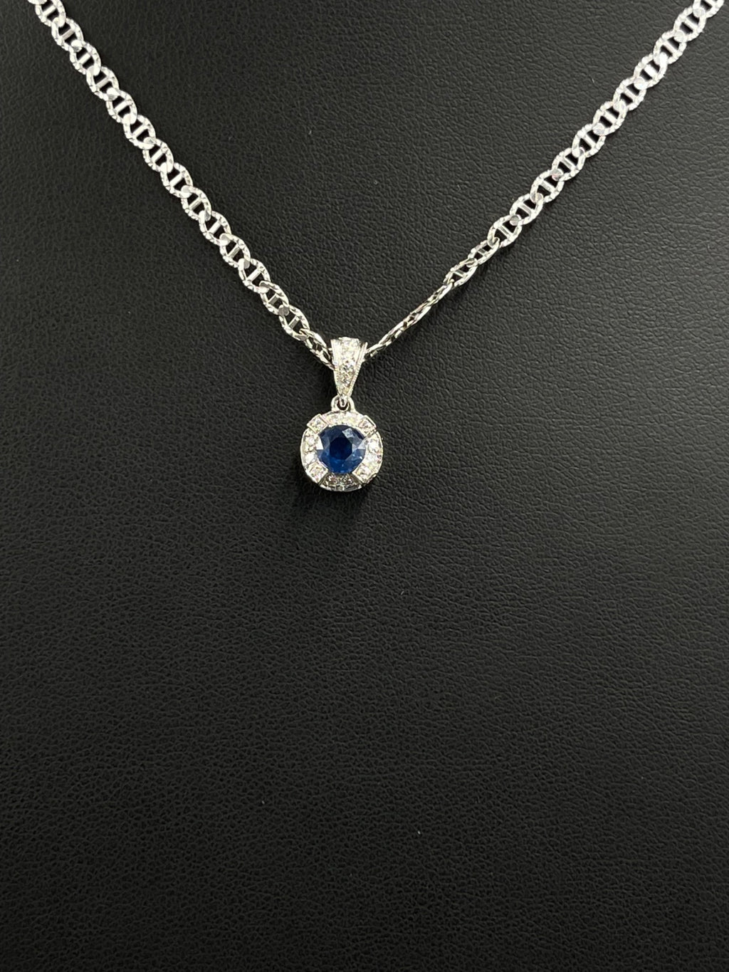 Blue Sapphire & Clear Stone Halo Pendant 2.5g — Metal Pending Verification