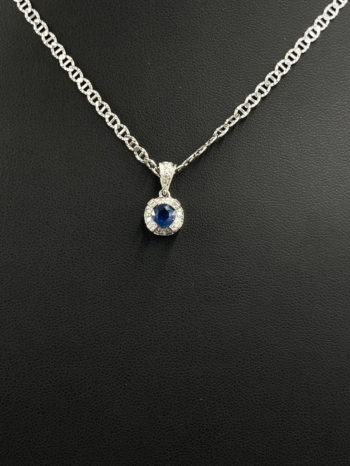 Blue Sapphire & Clear Stone Halo Pendant 2.5g — Metal Pending Verification