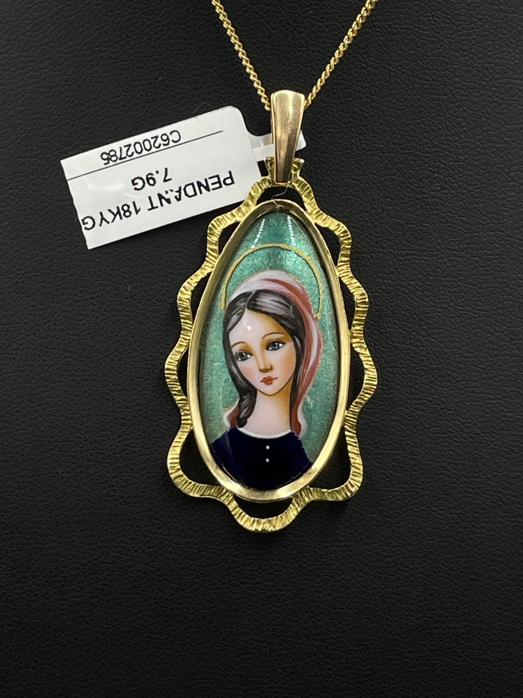 18K Gold Madonna Enamel Portrait Pendant 7.9g