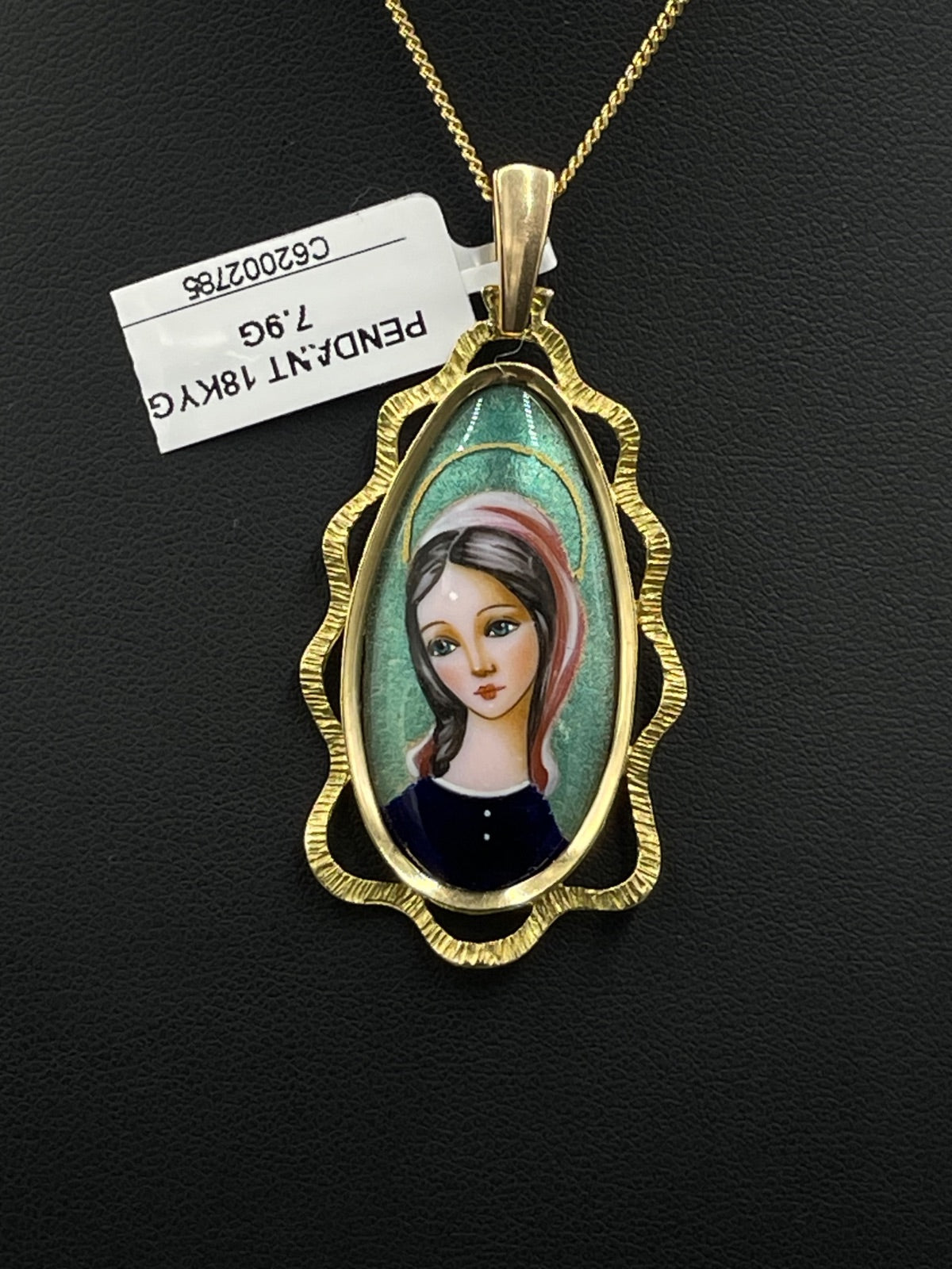 18K Gold Madonna Enamel Portrait Pendant 7.9g