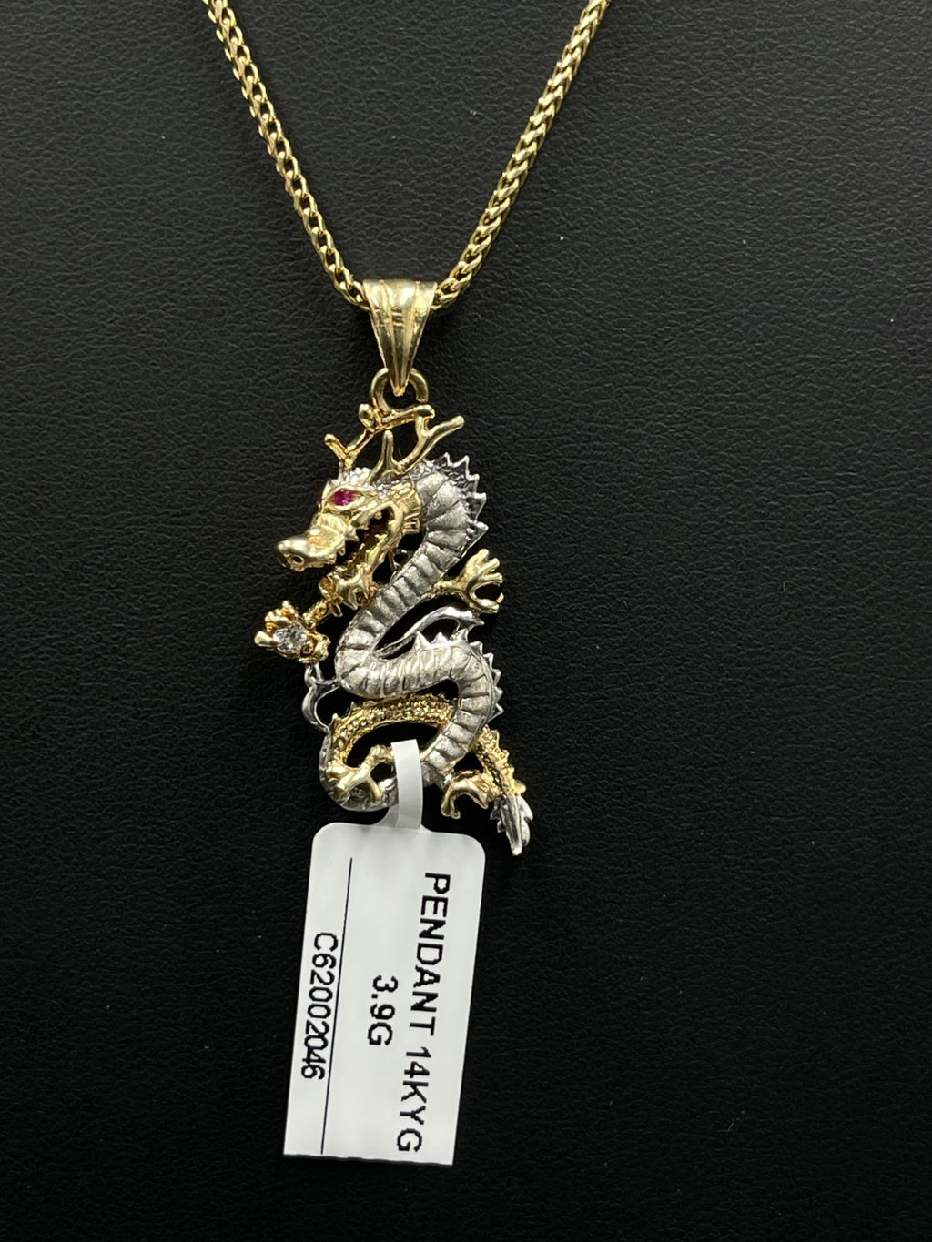 14K Gold Dragon Pendant with Ruby Accent 3.9g