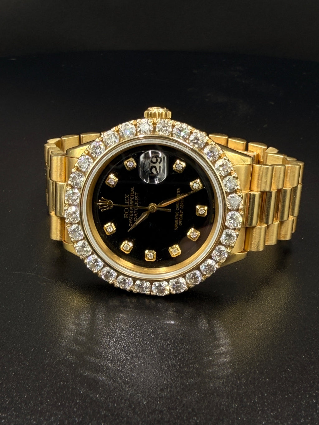 Rolex Datejust 1601 36mm 18K Yellow Gold Watch, Black Diamond Dial, Aftermarket Diamond Bezel — photo 2