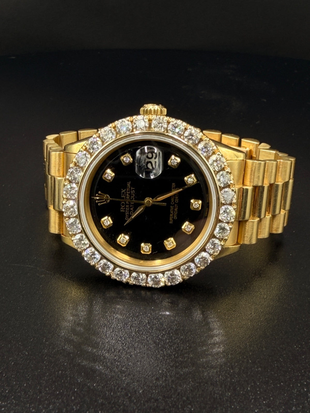 Rolex Datejust 1601 36mm 18K Yellow Gold Watch, Black Diamond Dial, Aftermarket Diamond Bezel — photo 2