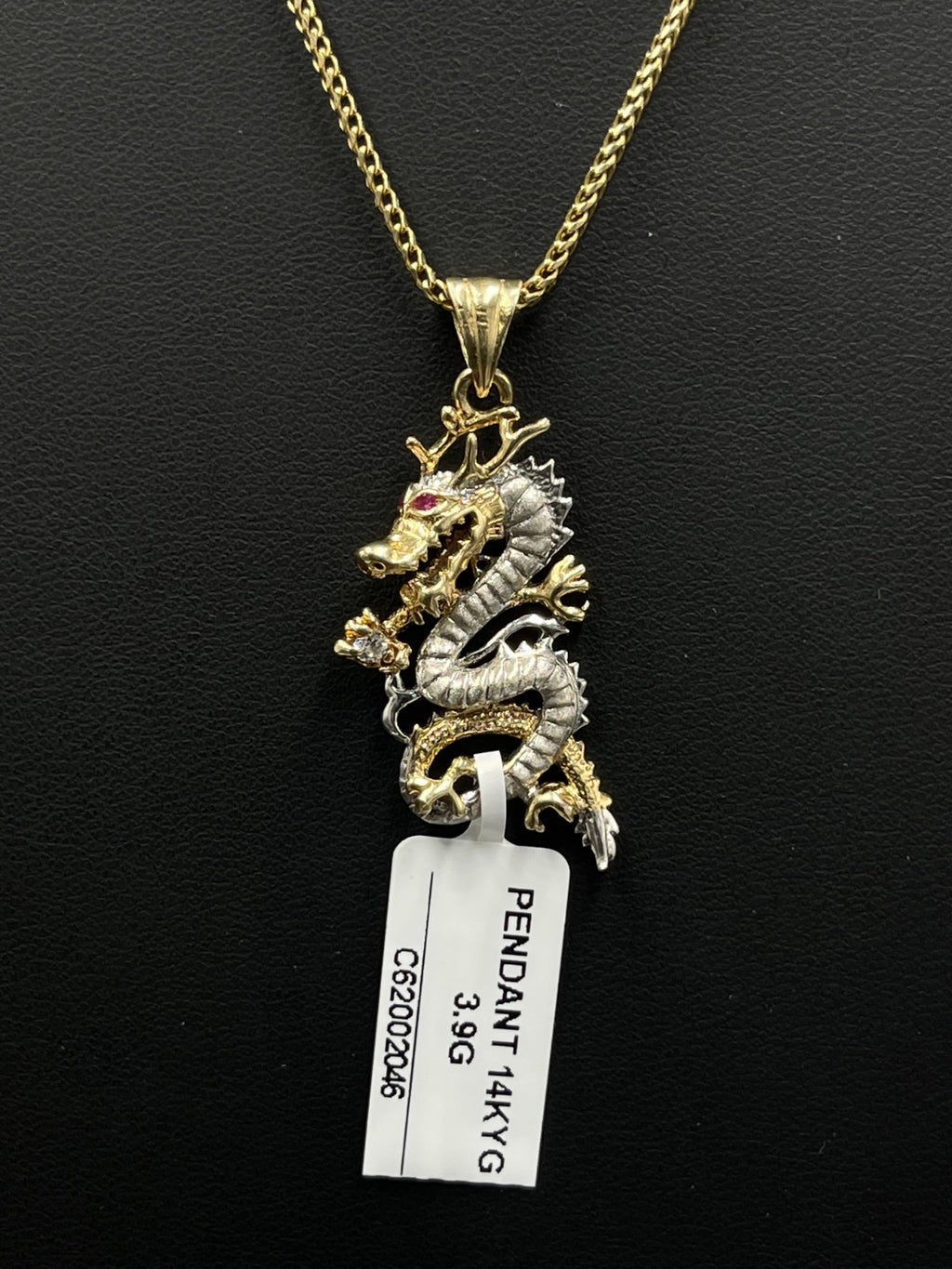 14K Gold Dragon Pendant with Ruby Accent 3.9g
