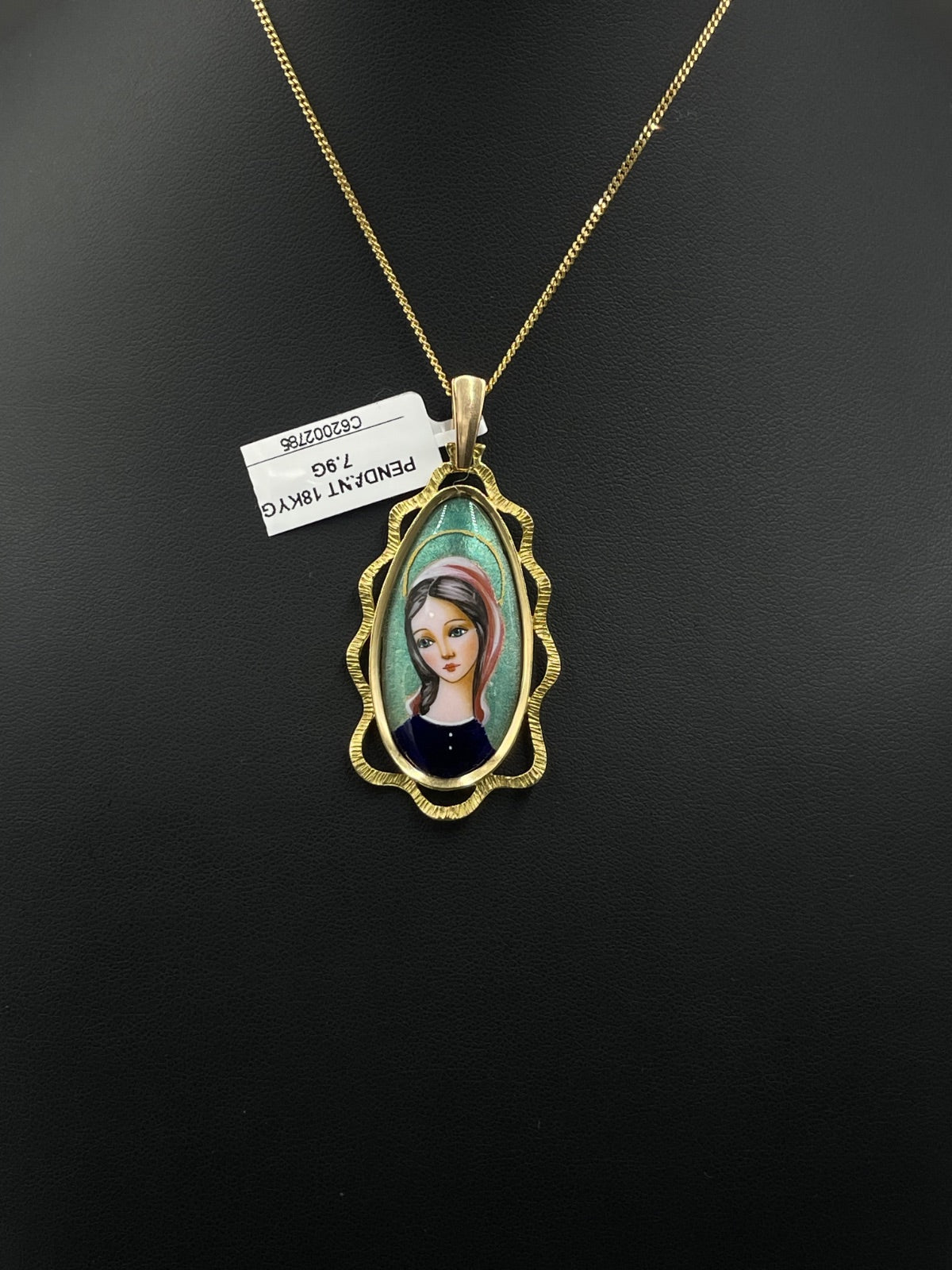 18K Gold Madonna Enamel Portrait Pendant 7.9g