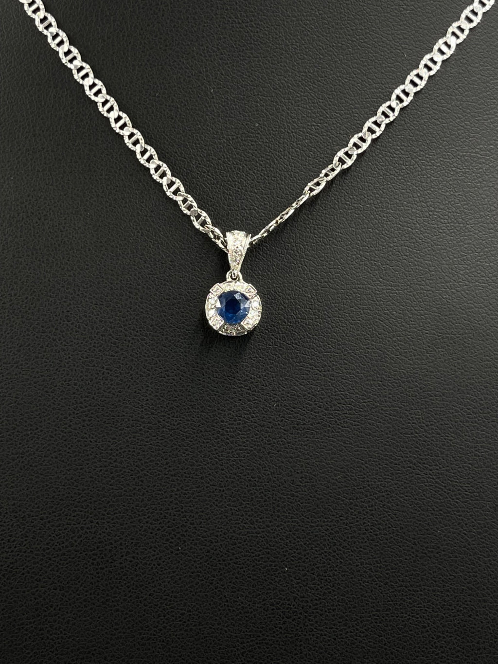 Blue Sapphire & Clear Stone Halo Pendant 2.5g — Metal Pending Verification