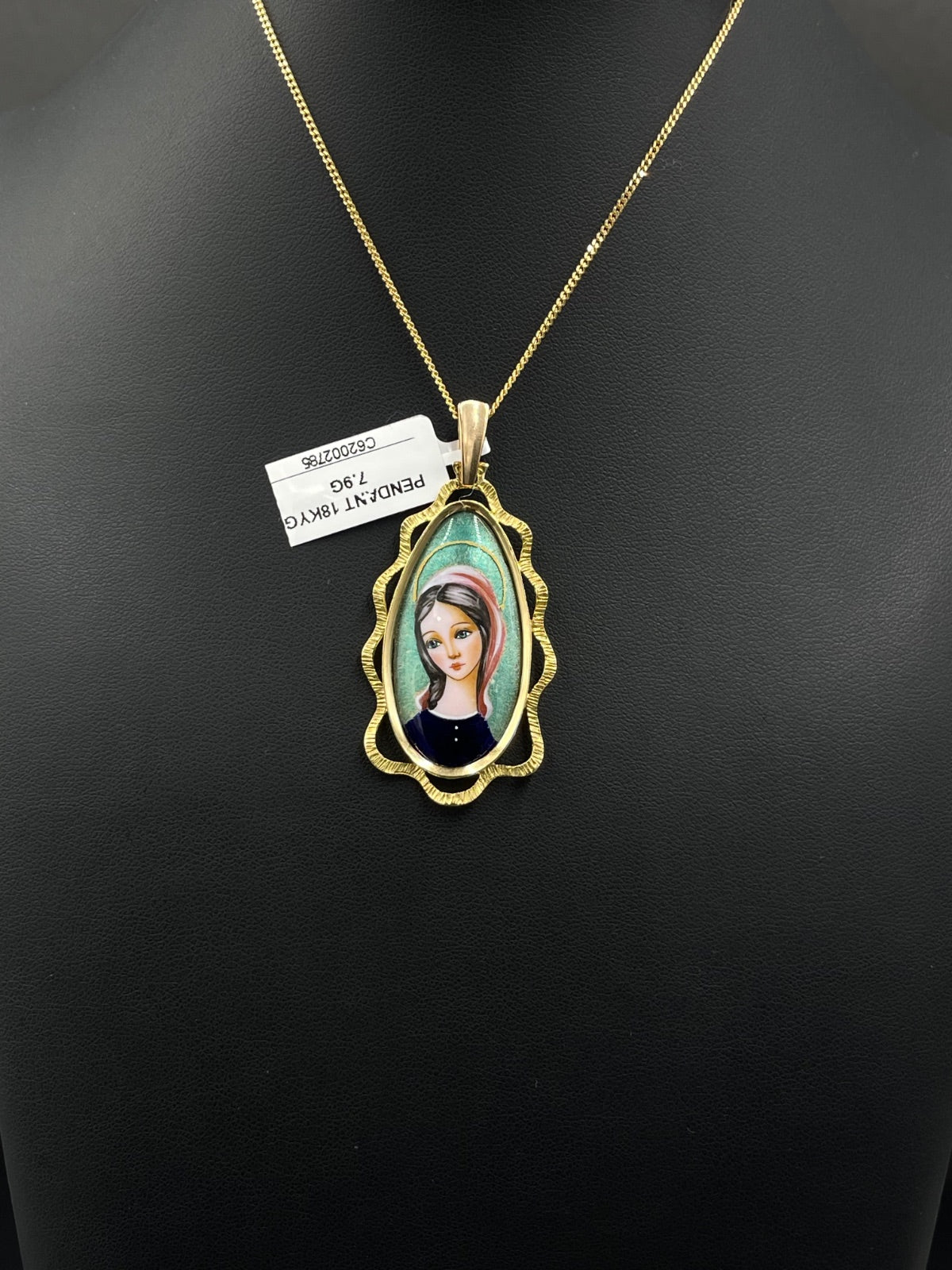 18K Gold Madonna Enamel Portrait Pendant 7.9g