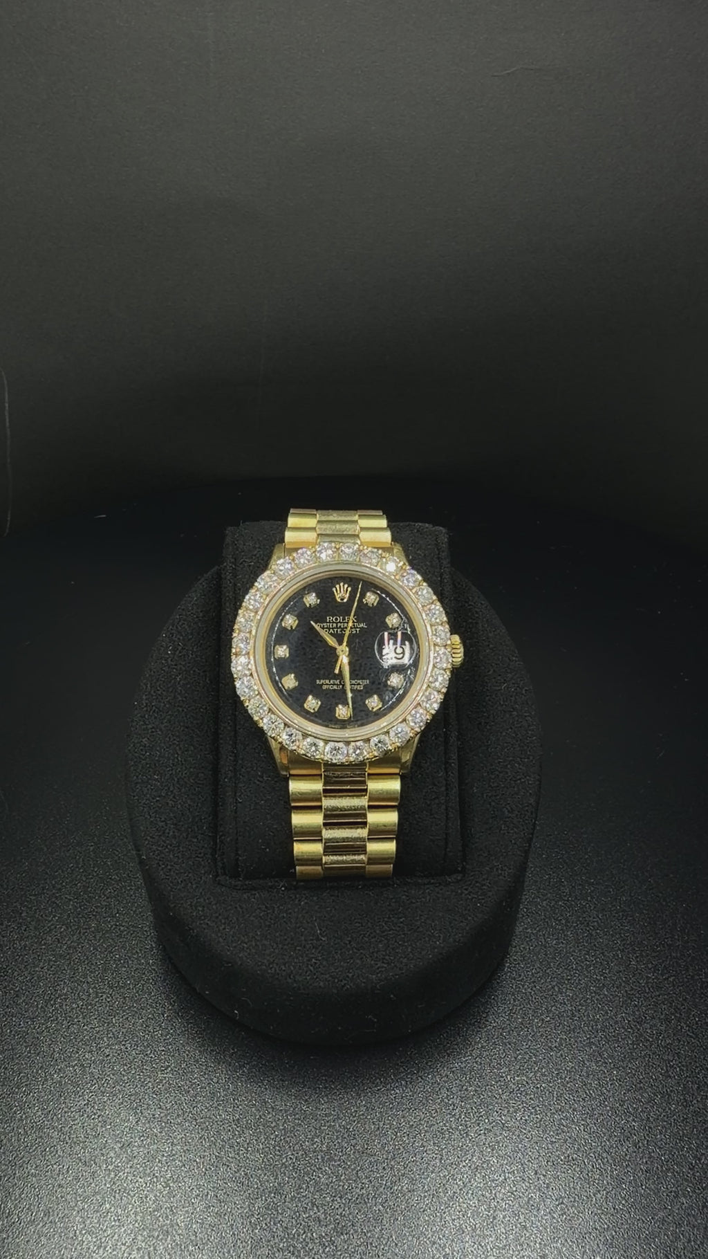 Rolex Datejust 1601 36mm 18K Yellow Gold Watch, Black Diamond Dial, Aftermarket Diamond Bezel