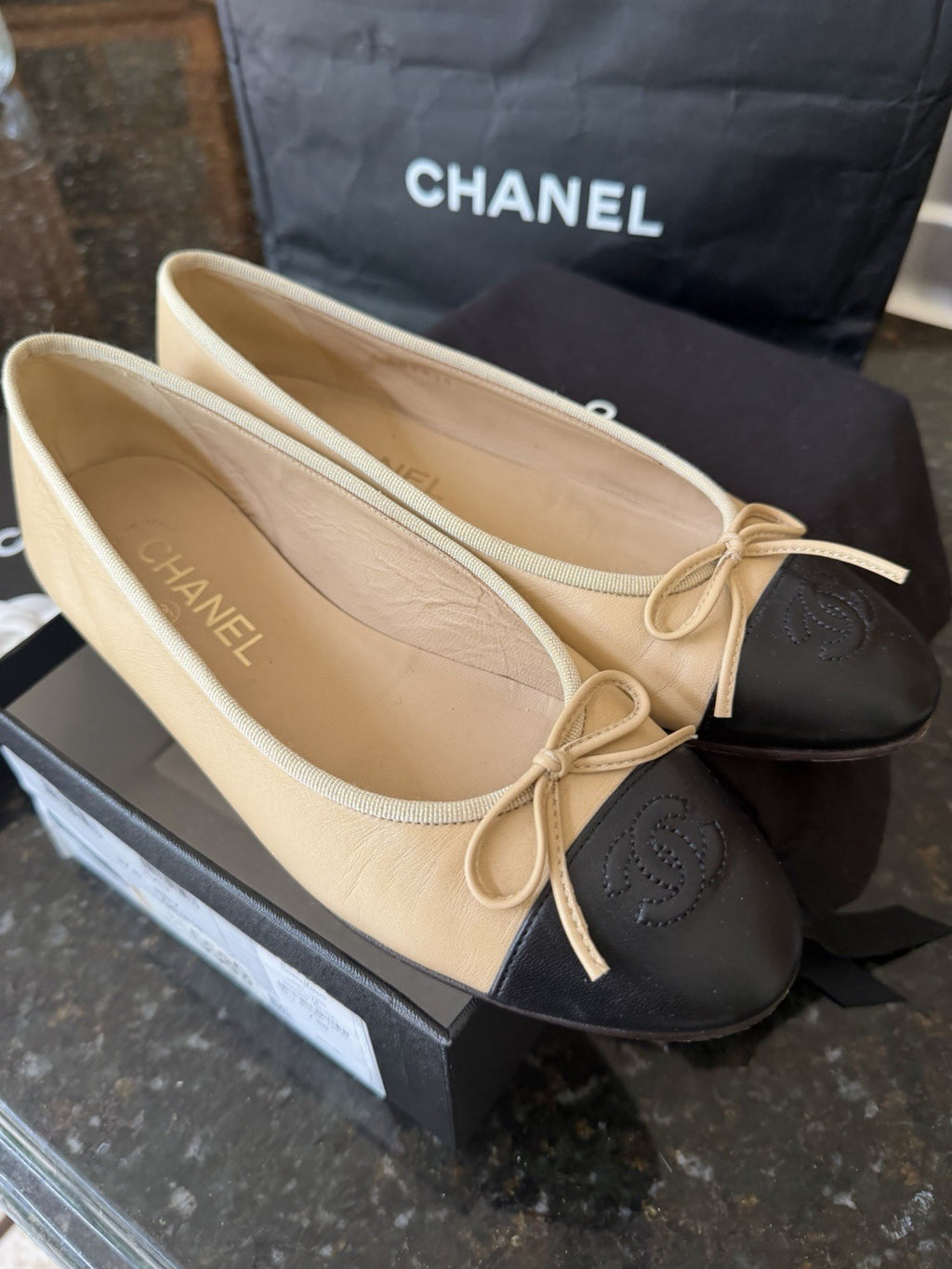 Chanel Beige Black Lambskin Cap