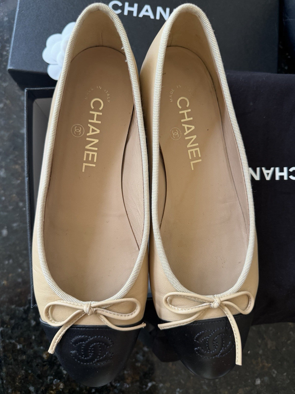 Chanel Beige Black Lambskin Cap
