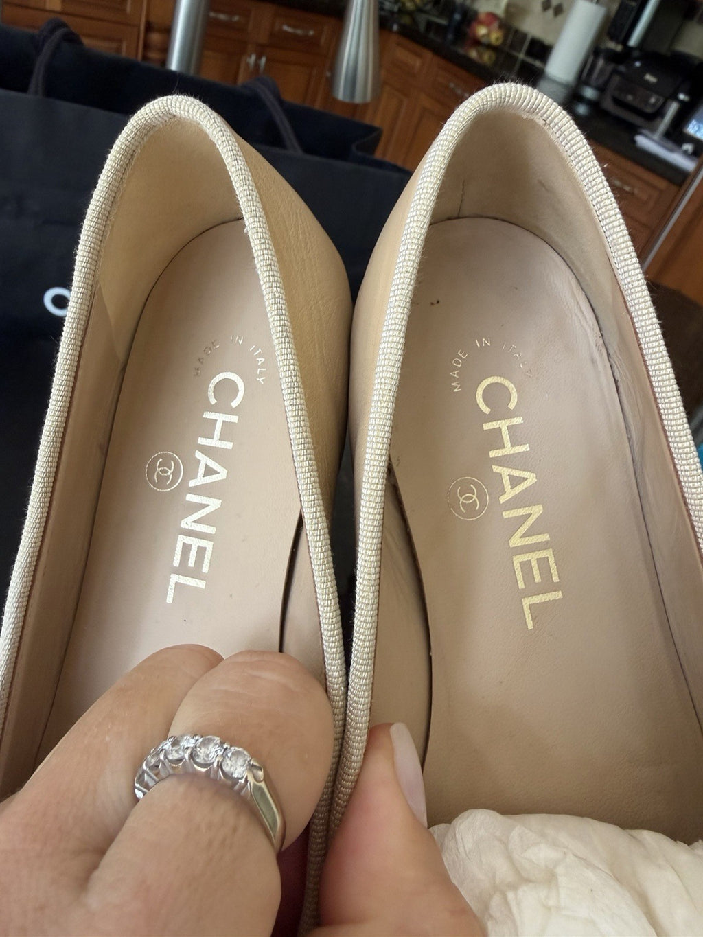 Chanel Beige Black Lambskin Cap
