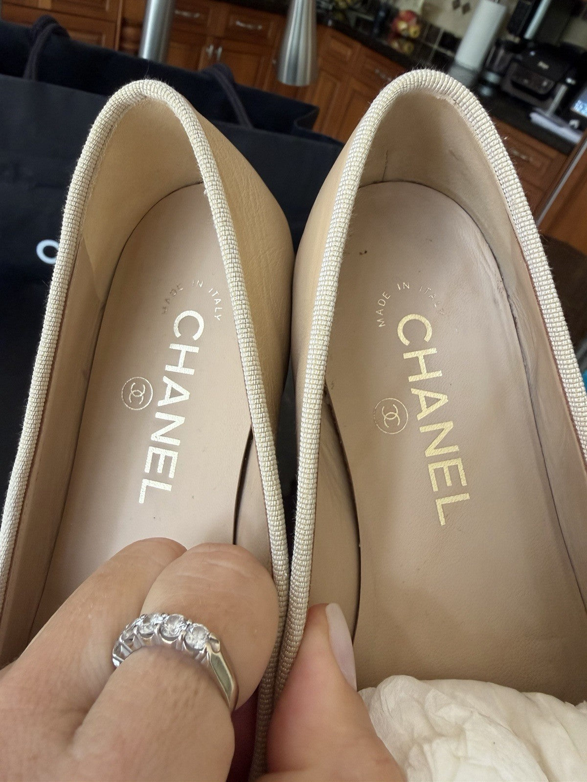 Chanel Beige Black Lambskin Cap