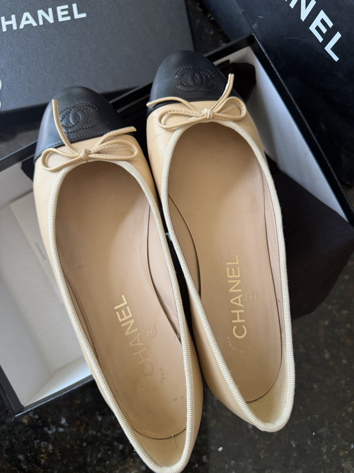Chanel Beige Black Lambskin Cap