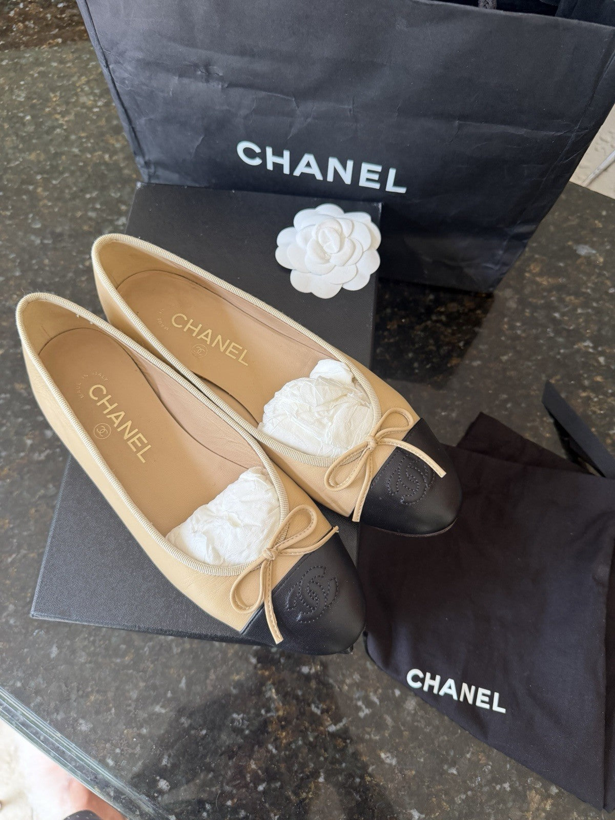 Chanel Beige Black Lambskin Cap