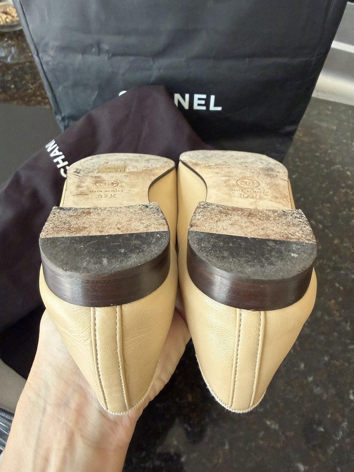 Chanel Beige Black Lambskin Cap